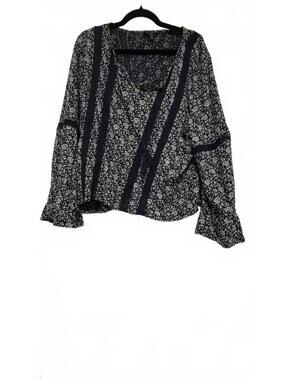 Lucky Brand woman's boho hippie peasant blue floral blouse sz XL #1560